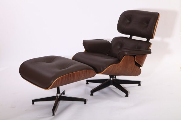 Eames Lounge Chair Replica in Rich Brown Leather & Walnut Veneer (with Ottoman)
