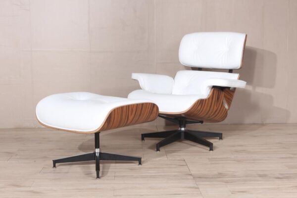 Classic Charles Eames Lounge Chair And Ottoman Replica White Leather & Ash Wood