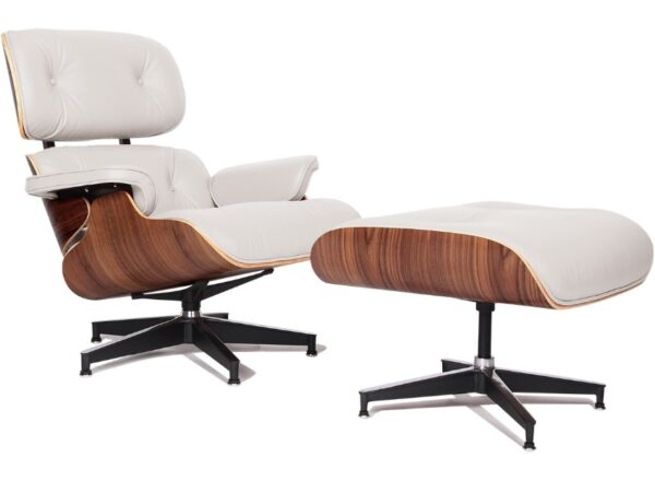 Classic Charles Eames Lounge Chair And Ottoman Replica White Leather & Walnut Wood